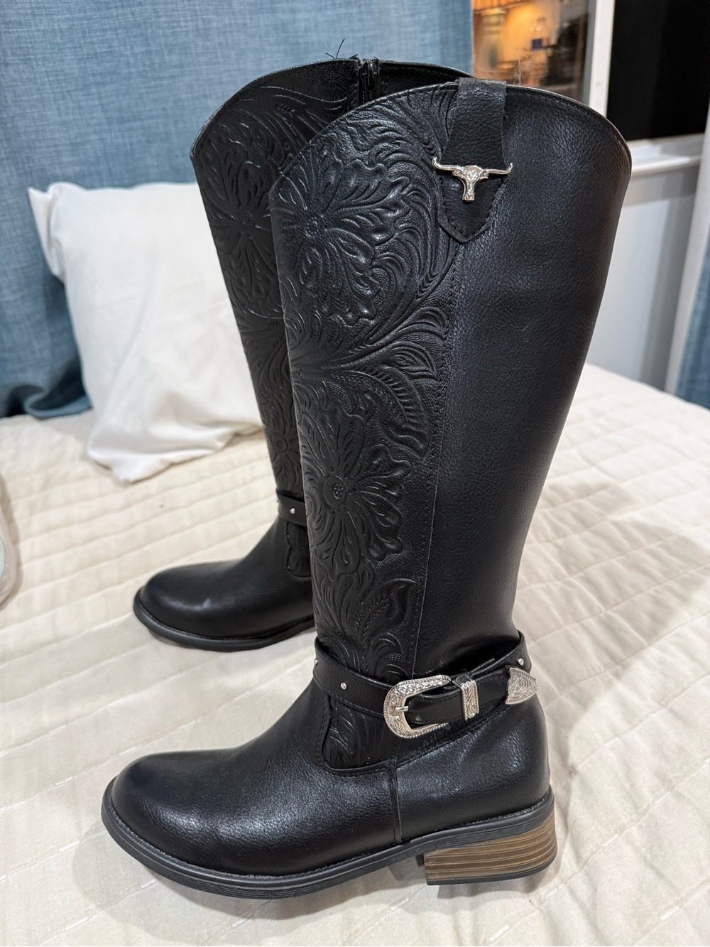 Black Embossed Leather Mid-Calf Heeled Western Boots with Silver Buckle